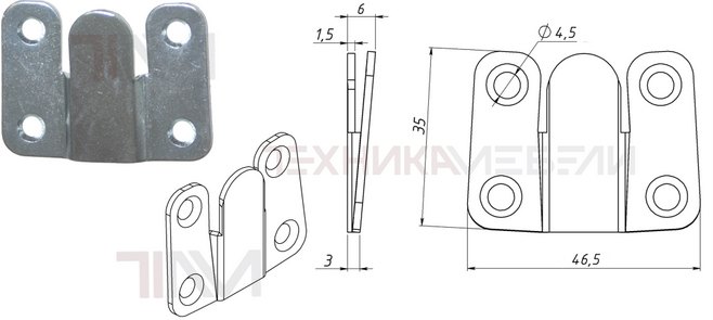 Захват мебельный 46.5 х 35 х 1.5 с четырьмя отверстиями Ø 4,5 мм...