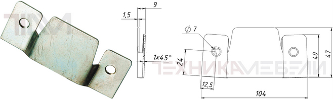 Захват мебельный 104 х 47 х 1.5 с двумя отверстиями Ø 7 мм....